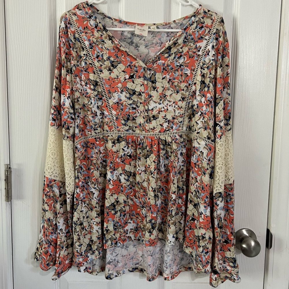 Boho top long sleeve multicolor floral with lace detail